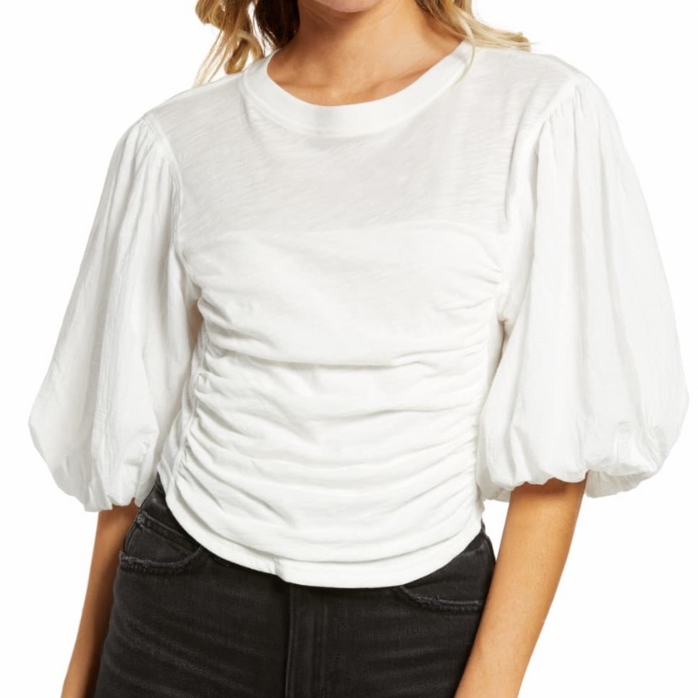 FREE PEOPLE COTTON SWEET SPOT TOP IN BLACK CROPPED FIT PUFF SLEEVE RUNCHING SZ S